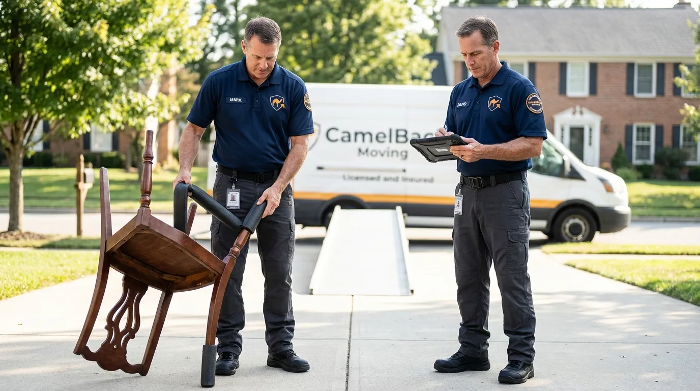 Movers inspecting furniture for damage prevention before loading in Ardsley, NY