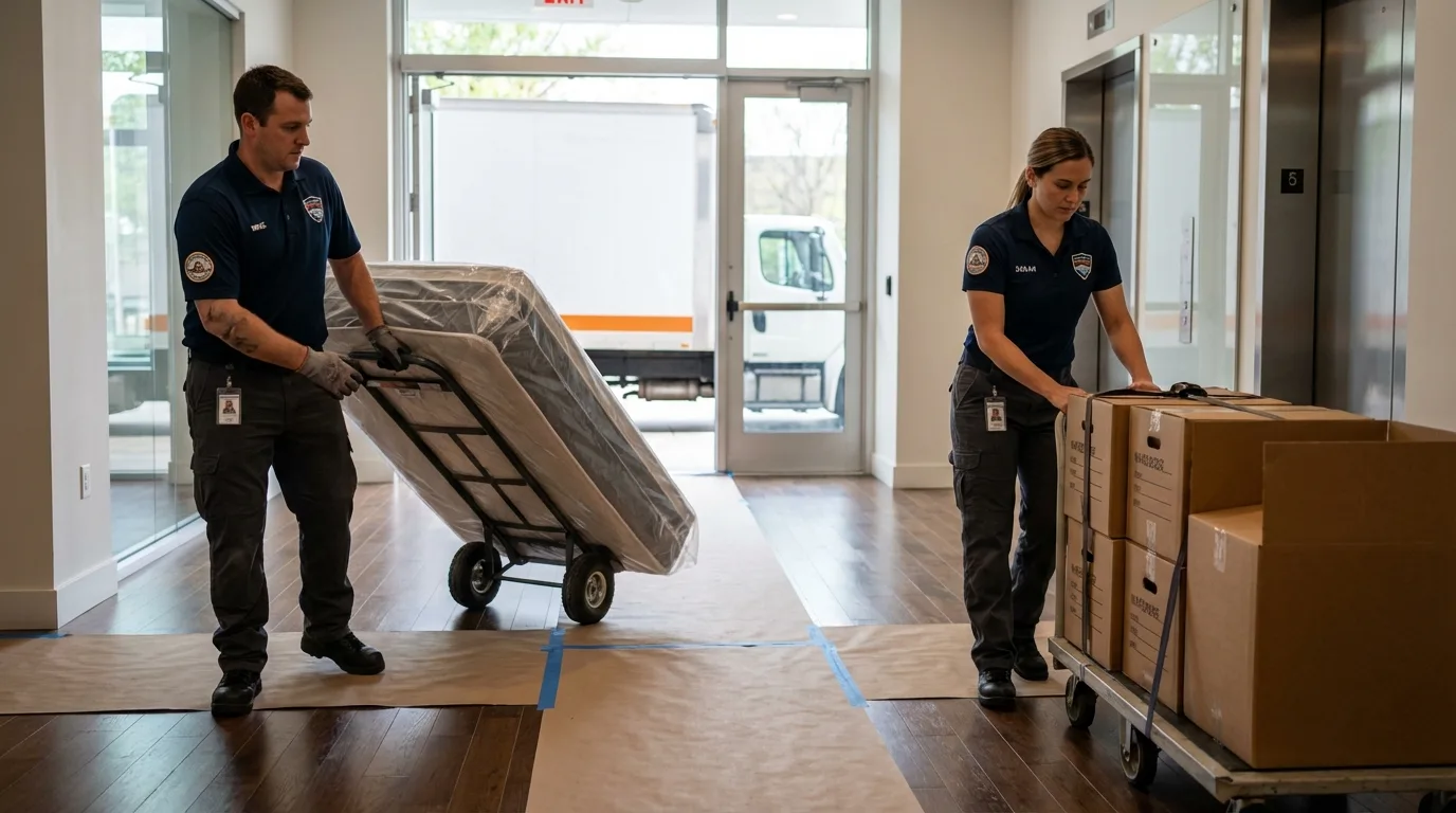 Professional apartment movers loading elevator in Ardsley, NY